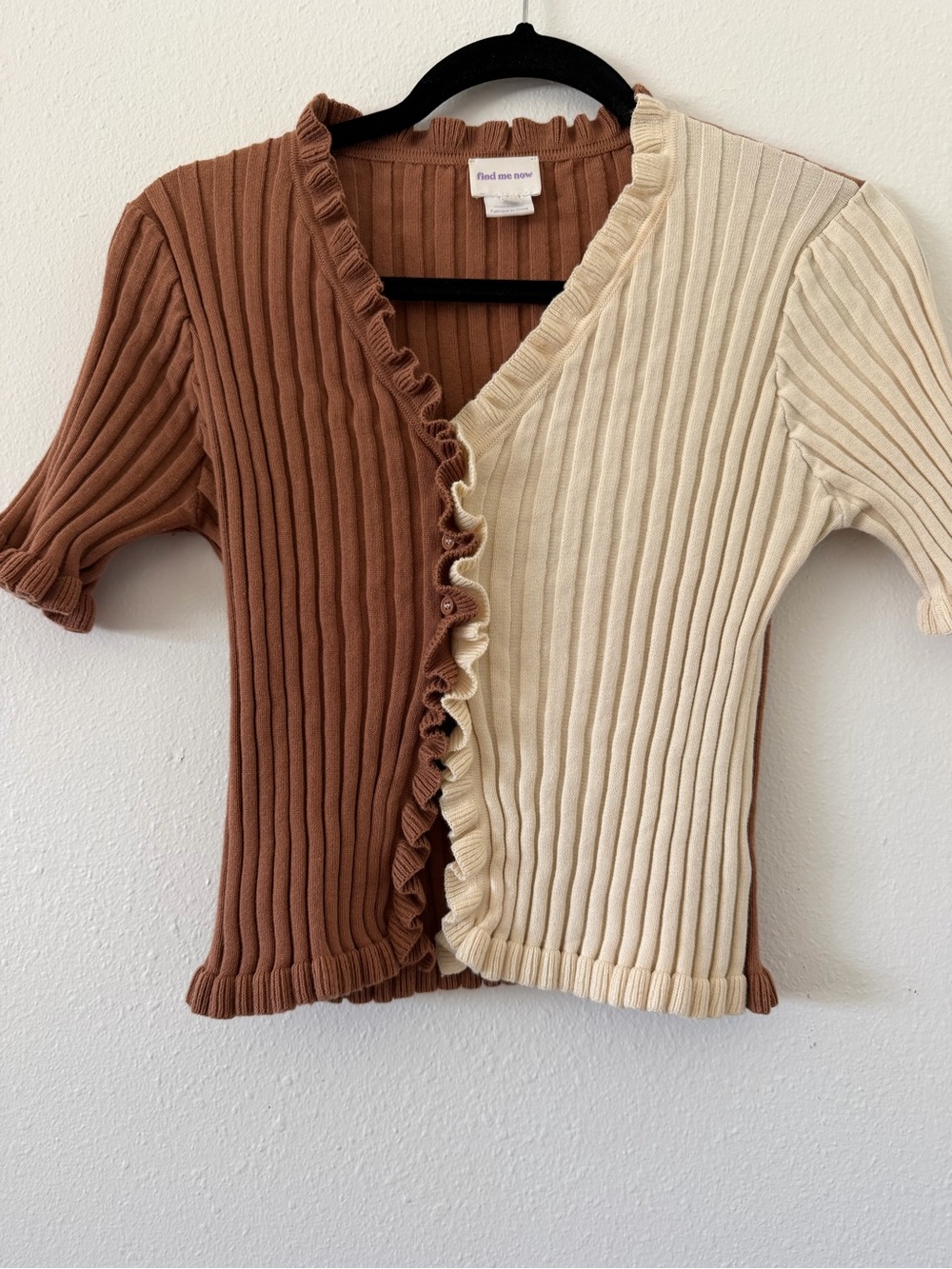 Two-Tone Ribbed Ruffle Cardigan - Brown & Cream - Picture 2 of 5